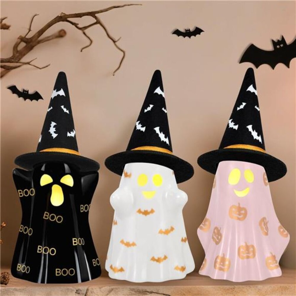 Halloween Decorations Indoor, Set of 3 Ceramic Halloween Ghosts with Witch
